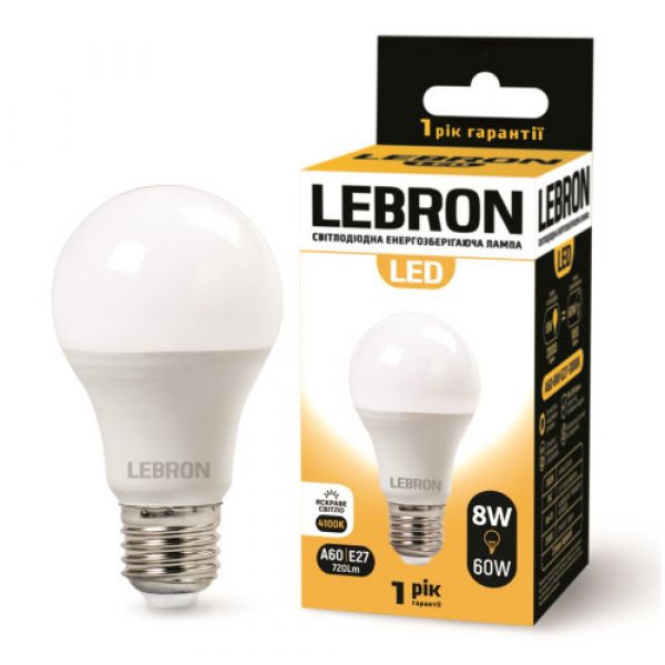 Лампа LED LEBRON L-A60, 8W, E27, 4100K, 720Lm
