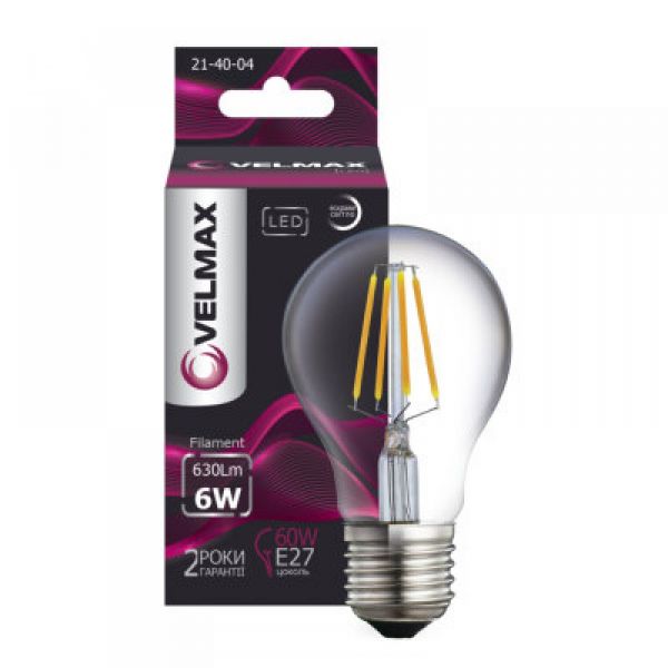 Лампа LED VELMAX V-FILAMENT-A60, 6W, E27, 4100K, 630LM